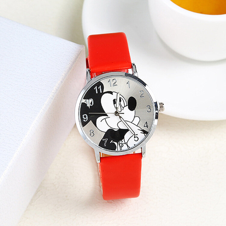 Disney mickey relógios femininos para meninas pulseira de couro preto ultrafinos senhoras relógio de quartzo pulso relogio feminino