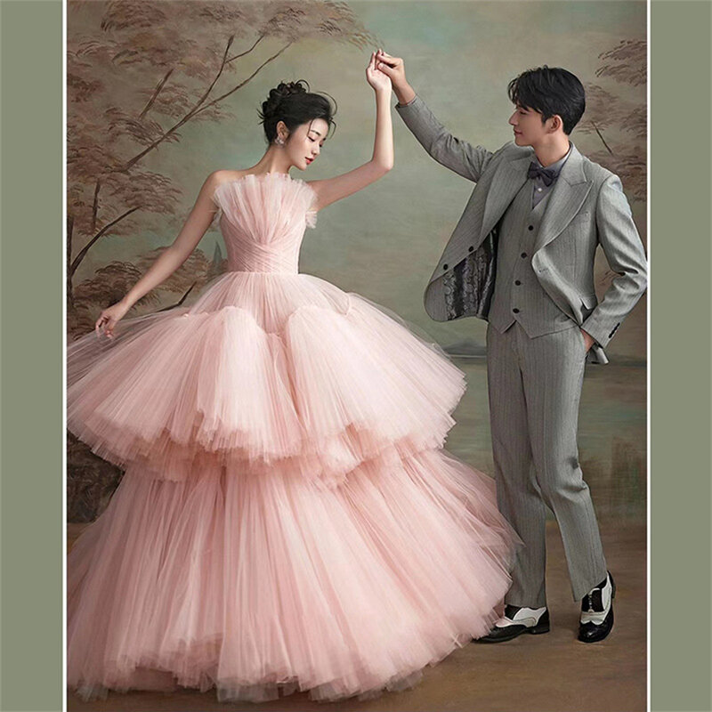 Affascinante abito da ballo rosa a strati in Tulle con collo smerlato 2024 abiti da sera formali per le donne Sweep Train abiti da festa abito da ballo