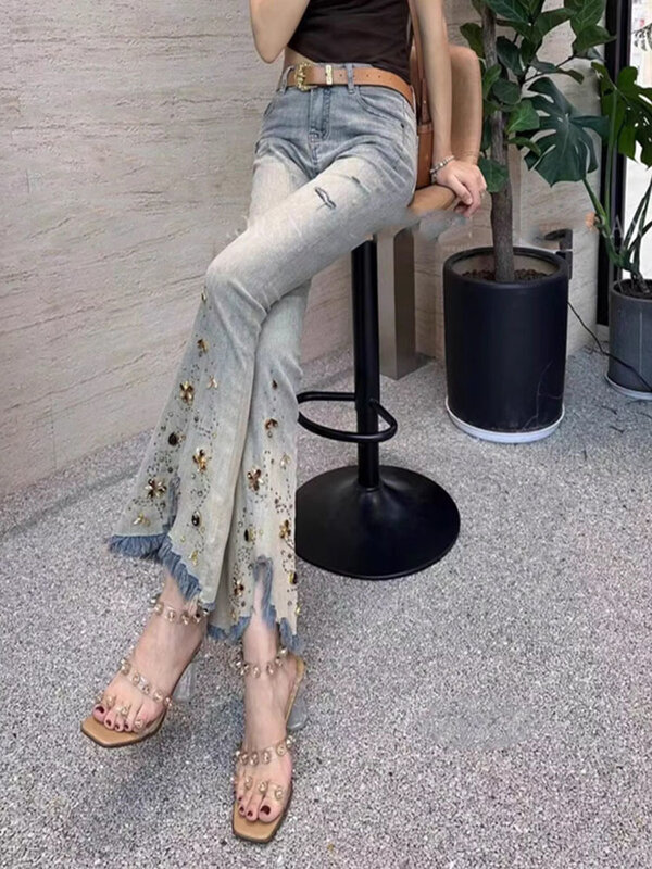 Celana panjang jins berumbai bordir indah wanita, celana panjang jalan tinggi elastis katun Retro baru musim panas 2024