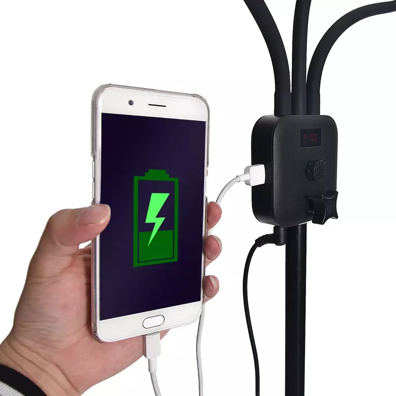 Kit d'éclairage annulaire portable avec trépied réglable, remplissage LED à double bras, port de charge, support de téléphone flexible