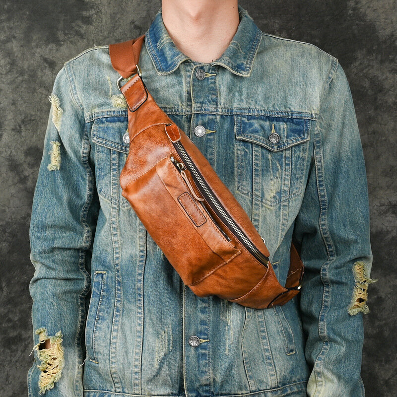 Riñoneras de cuero genuino para hombre, bolsa de pecho masculina Vintage, bolsas de viaje, bolsa de cintura pequeña, bolsa de teléfono
