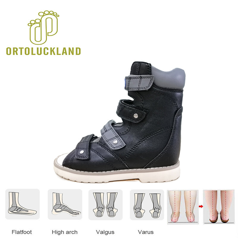 Sepatu Orthopedic Edik anak laki-laki perempuan, sandal High Top hitam kaki datar, Size20-39 besar, penopang pergelangan kaki untuk anak-anak