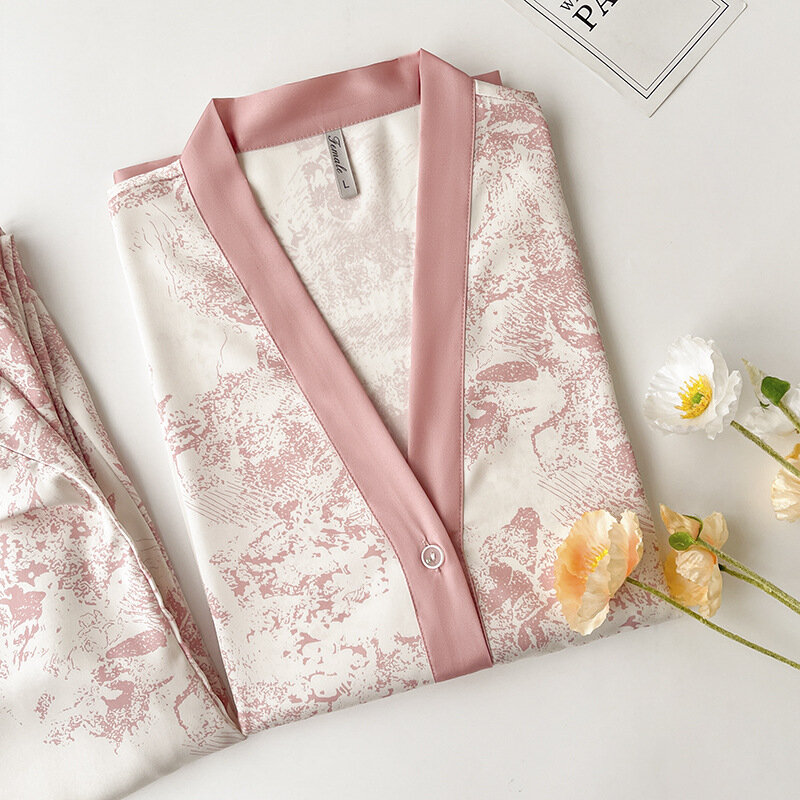 New Women Pajamas Set Lounge Wear Pink Print Long Sleeve Sleepwear Trouser Suits Spring Summer Satin Nightwear Loose Homewear