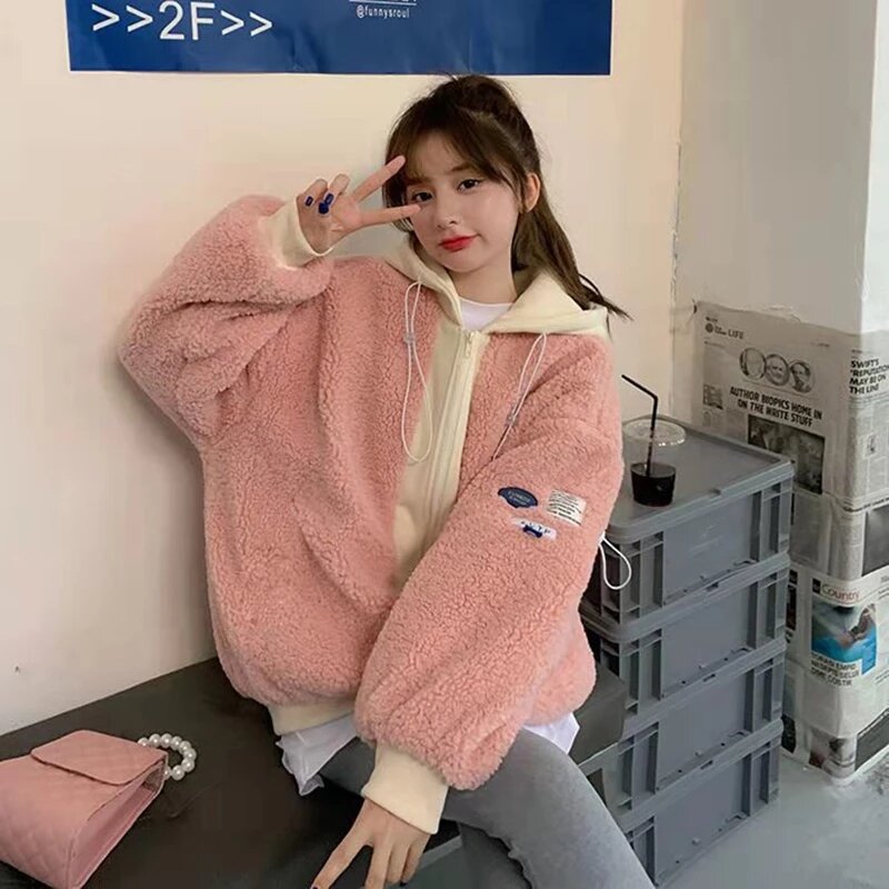 Lamb Wool Women Coat Fake Two-piece Warm Plush Loose Overcoat Female 2022  Autumn Winter Pink Zipper Thick Casual Hoodeds Top