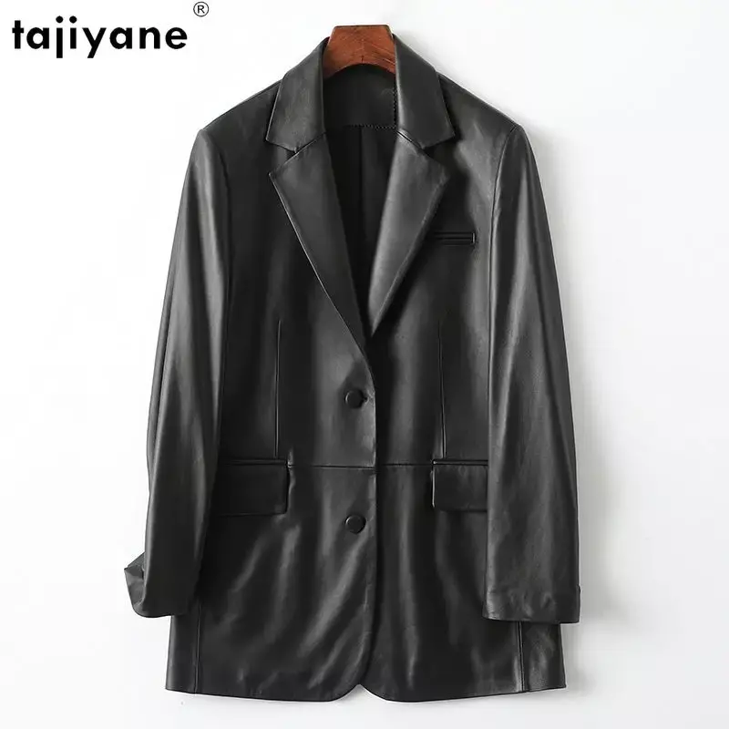 Tajiyane-Veste en cuir véritable pour femme, blazers élégants en peau de mouton véritable, manteau mi-long mince, style coréen, décontracté, féminin, 2023
