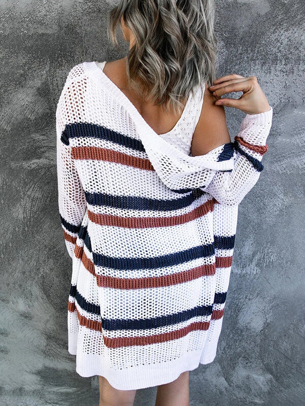 CMAZ Women's Striped Casual Loose Cardigan Spring Autumn New Hollow Out V-neck Midi Sweater Jackets Female Korean Style LC271314