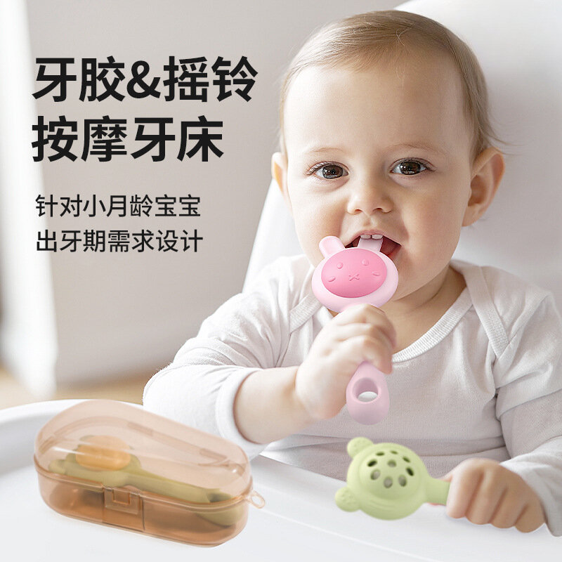 Silicone Teether Rattle Toy para crianças, alimentos, coelho, urso, animais, brinquedos sensoriais para bebês, brinquedos de viagem, 18M +