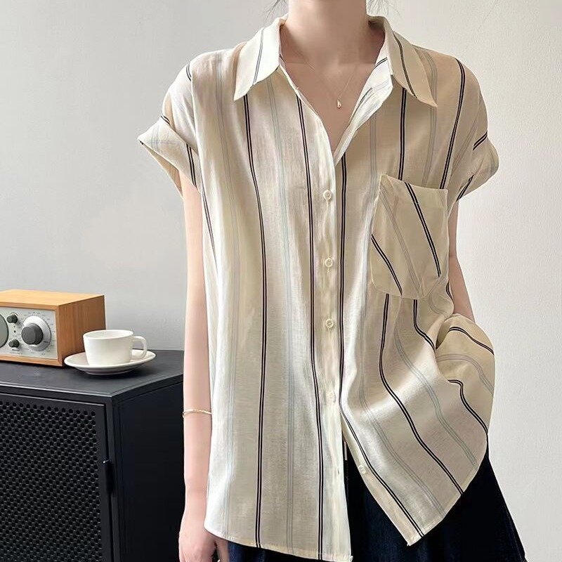 2024 Women's Summer New Korean Commute Thin Lapel Button Blouses Casual Striped Spliced Pockets Short Sleeved Loose Shirts Tops