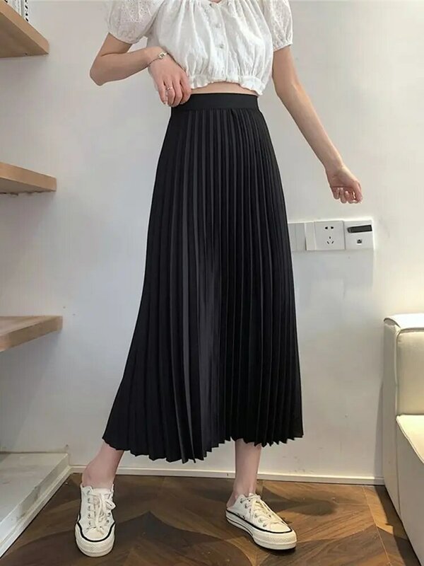 Röcke Frauen knöchel lange solide plissierte hohe Taille koreanische Mode Frühling Freizeit A-Linie Fairycore Clean Fit Freizeit All-Match