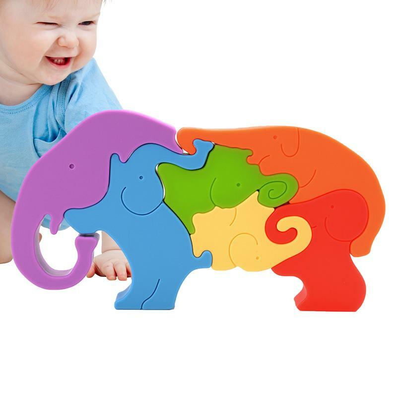Animal Puzzles For Kids Silicone Building Blocks Elephant Shape Learning Toys Wooden Jigsaw PuzzlesTable Game Educational Toys