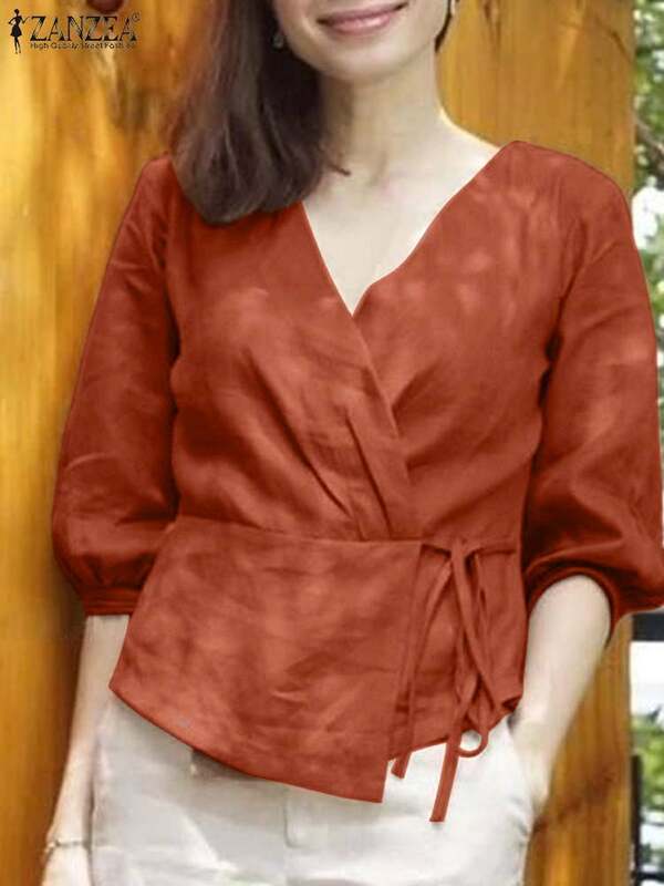 Women Elegant Shirt ZANZEA Summer 3/4 Sleeve Solid Blouse Vintage OL Work Tops Casual Loose Cotton Blusas Female V Neck Chemise