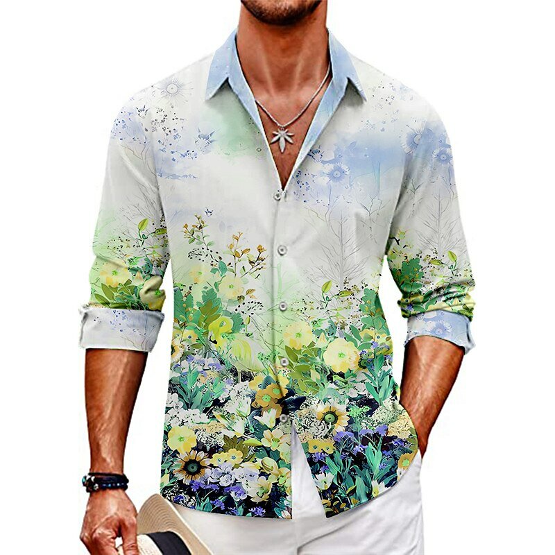Рубашка мужская с цветочным принтом, уличная одежда с манжетами и длинными рукавами, модная уличная дизайнерская повседневная одежда