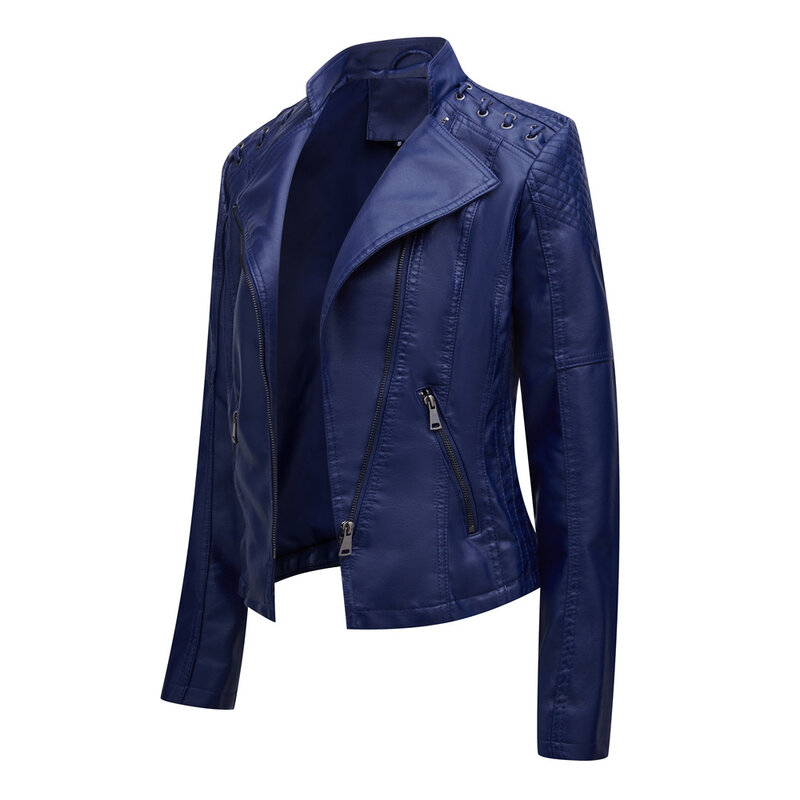 Jaqueta de couro PU falso feminino, casaco de motociclista, zíper fino, outerwear locomotiva, roxo, primavera, outono, novo, 4XL