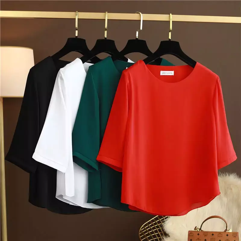 YUQI-blusa holgada de Chifón con manga corta para verano, camisa holgada de gran tamaño con cuello redondo para mujer, color liso, 2022