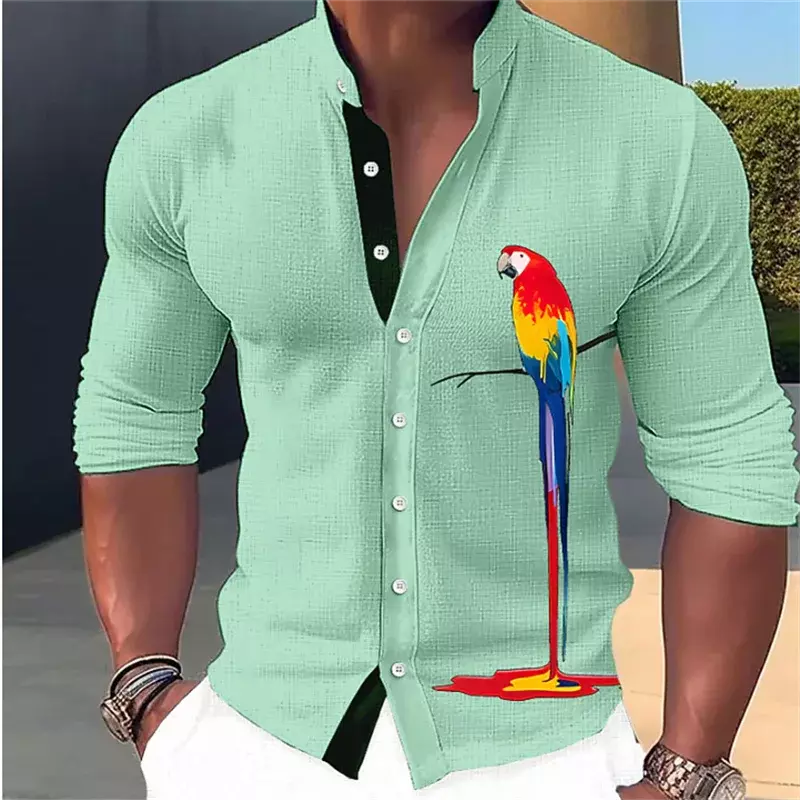 Camisa deportiva para hombre, camisa de gimnasio con botones, cuello levantado, flor de pájaro, diseño de diseñador, moda simple, talla grande, novedad de 2023