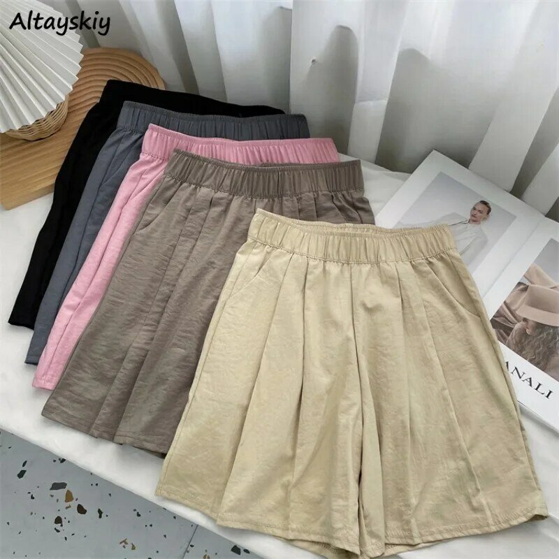 Shorts Women Solid High Elastic Waist Loose Breathable Wide Legs Japanese Style Summer Holiday Beach Leisure Basic Simple Ins