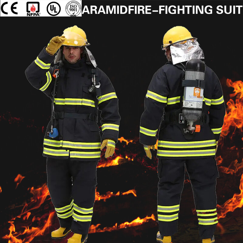 Standar Eropa CE 4 lapisan Aramid IIIA pemadam kebakaran biru pelindung kedekatan setelan api pemadam kebakaran untuk pemadam kebakaran