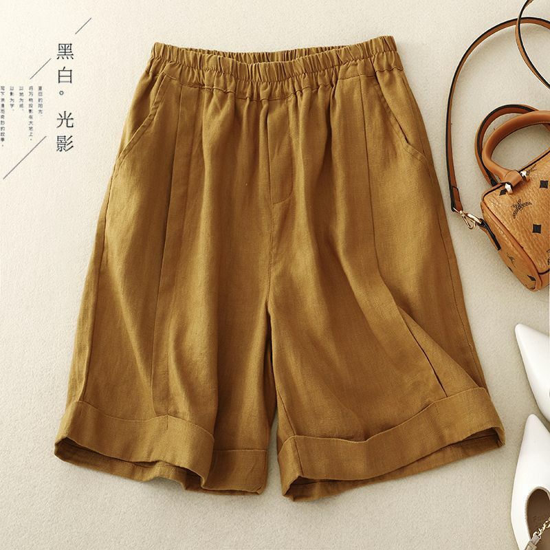 Shorts casuais de cintura alta elastificados para mulheres, nova moda em patchwork, cor sólida solta, dobras finas do bolso, versátil, verão, 2024
