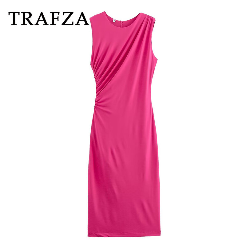 Trafza 2024เดรสสีพื้นลำลองสำหรับผู้หญิง, เดรสยาวคลุมเข่าแขนกุดมีซิปสำหรับใส่ฤดูร้อนของเสื้อผ้ากุลสตรีแฟชั่น