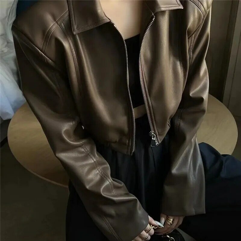 Fashionable Design Short Motorcycle Jacket Women's Leather Clothing 2023 New Korean Style Spring Autumn Winter Coat  Female Tops