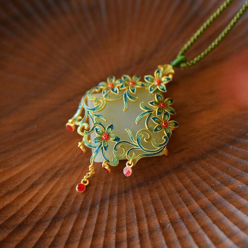 Natural Stone Orchid Enamel Women's S Pure Silver Pendant Chinese Ethnic Necklace Ancient Style