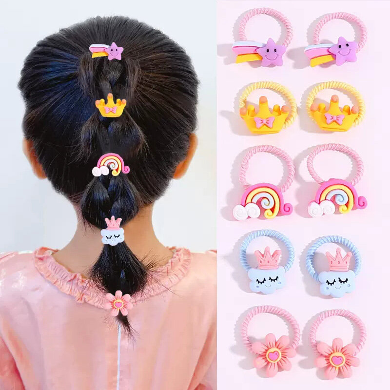 10PCS/Set Cute Cartoon Flower Animal Small Elastic Hair Bands For Girls Ponytail Hold Lovely Rubber Band Kids Hair Accessories