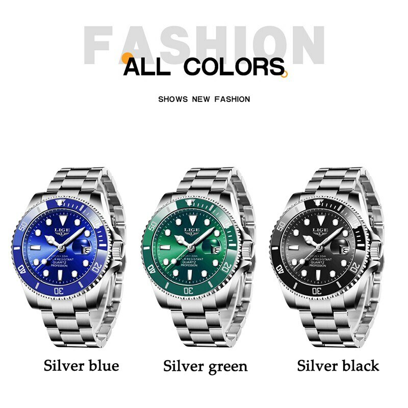 Часы наручные LIGE Мужские кварцевые, брендовые Роскошные модные водонепроницаемые до 30 атм, спортивные с датой
