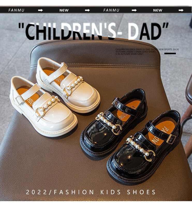 حذاء جلد الأميرة للبنات مع سلسلة لؤلؤ بسيطة ، حذاء أداء لطيف للأطفال ، خف غير رسمي للأطفال ، ناعم وجميل ، جديد ،