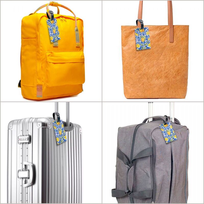 Étiquette de bagage à carreaux méditerranéens, fruits d'été, citrons, sac de voyage, valise, couverture de confidentialité, étiquette d'identification