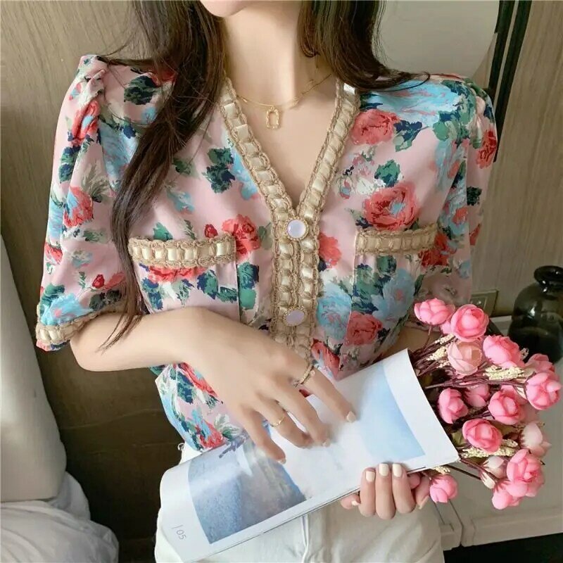 Женская шифоновая блузка с коротким рукавом, V-образным вырезом и цветочным принтом