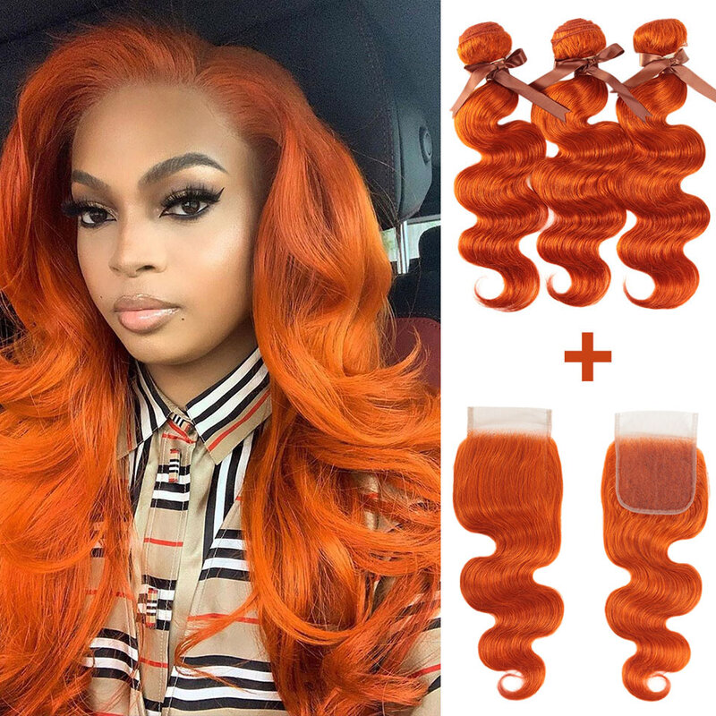 Bundel gelombang tubuh dengan penutup bundel pirang oranye dengan bundel 3/4 depan dengan penutup bundel jalinan rambut Brasil cepat Amerika Serikat