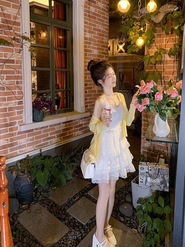 Elegante Mini-Jurk Pure Kleur Korte Feestjurk Vrouw Casual 2023 Lente Lieve Eendelige Jurk Koreaanse Mode Tweedelig Pak