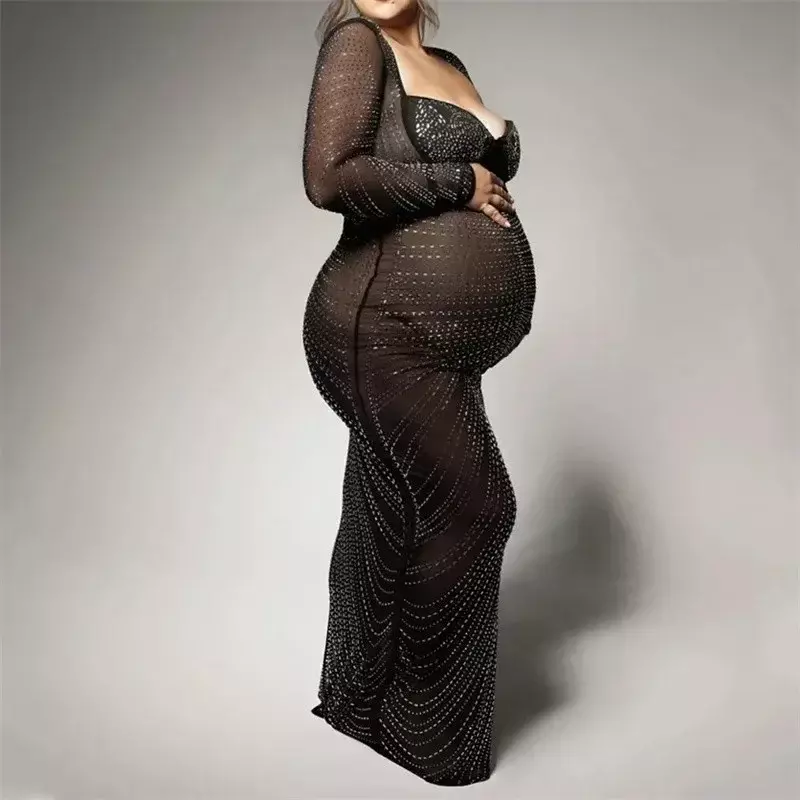 فستان التصوير الفوتوغرافي للأم للمرأة الحامل ، بلورات لامعة ، ملاصق للجسم طويل ، شبكة ، تصوير الحمل ، مثير