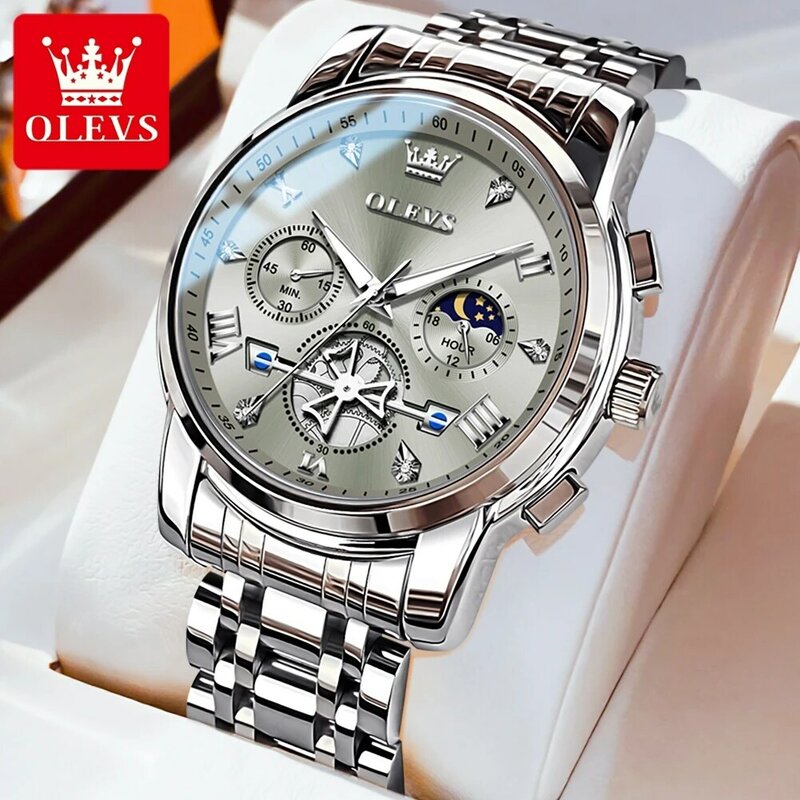 OLEVS Stainless Steel Men's Watches Chronograph Moon Phase Waterproof Luminous Quartz Wrist Watch for Men Luxury Brand Man Watch