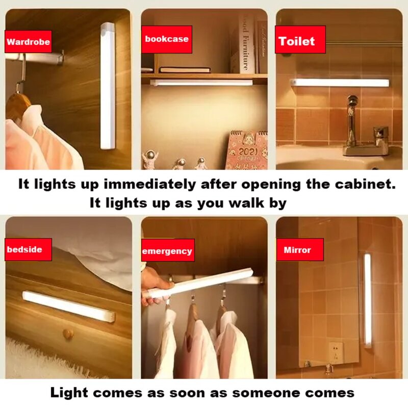 USB Rechargeable PIR Motion Sensor LED Bar Lights Dimmable Detector Night Light Portable Induction Cabinet Lamp for Kitchen Room