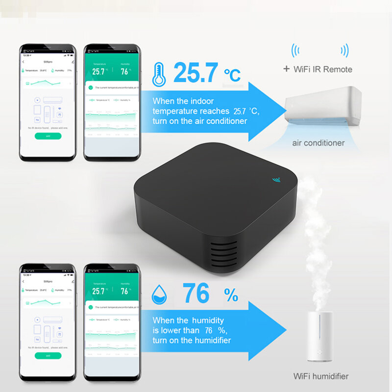 Smartlife wifi ir controle remoto com temperatura & sensor de umidade para ar condicionado ac tv dvd suporte yandex google casa