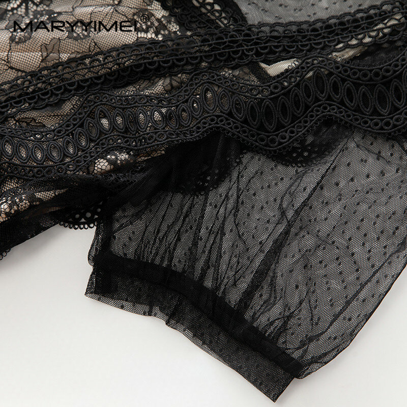 MARYYIMEI projektantka mody wiosna lato damska z okrągłym dekoltem bufiaste rękawy siateczkowa koronka z wycięciami drukowanymi szerokimi nogawkami czarny kombinezon