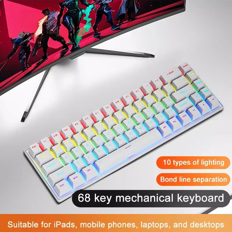 SKYLION-K68 Teclado Mecânico com Fio, 10 Tipos de Iluminação Colorida, Jogos e Escritório, Microsoft Windows e Apple IOS System