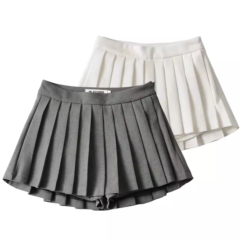 Mini saias plissadas largas cinza para mulheres, shorts de rua alta, retrô americano, vintage sólido, blogger sexy, fundo básico branco, alta qualidade