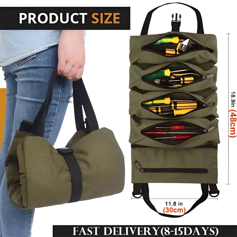 กระเป๋าเครื่องมือม้วนผ้าแคนวาสแบบพกพา, กระเป๋าม้วนอุปกรณ์สำหรับงานหนักจุของได้มากถุงอุปกรณ์ทำมือใหม่