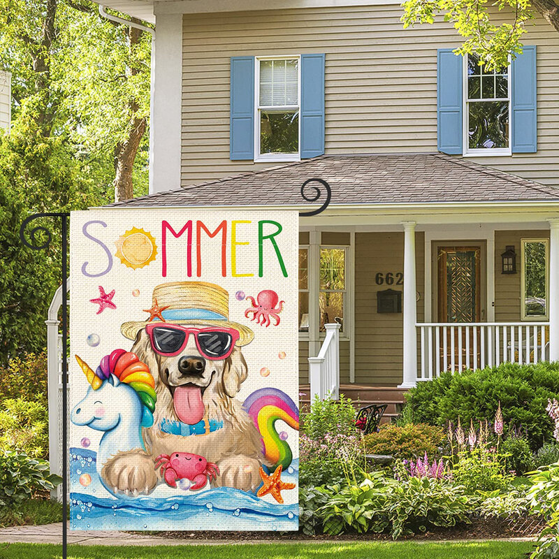 Multicolor dupla face impressa bandeira do jardim, adequado para o verão, girassol, cão, cachorro, papagaio, praia, 1 pc