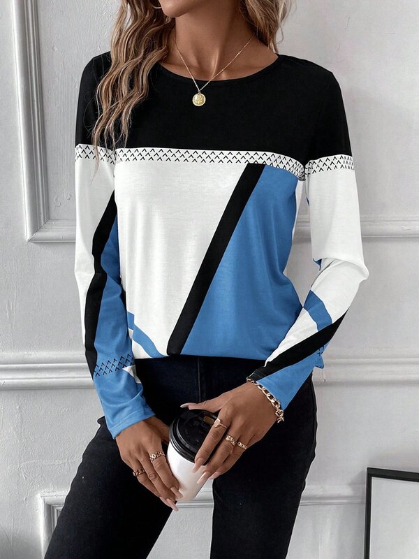 Autumn and Winter Women's Top New Pullover Round Neck Collision Splicing Geometric Printing Casual Loose Tops Women's T-shirt