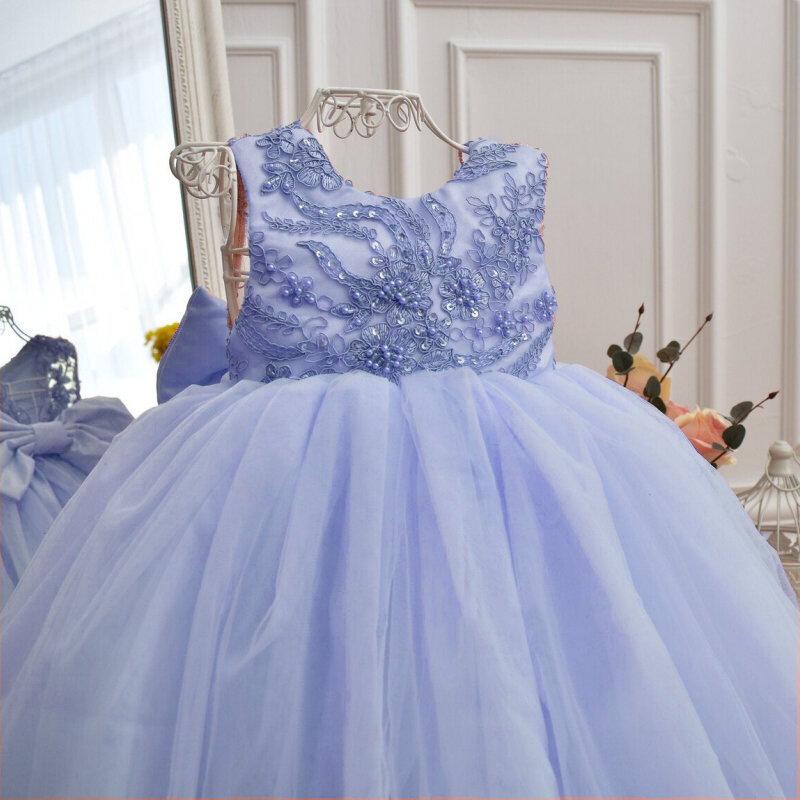 Jasnoróżowe sukienki dla dziewczynek tiulowe perły aplikacja kwiatowa z kokardą bez rękawów na wesele urodziny suknie bankietowe