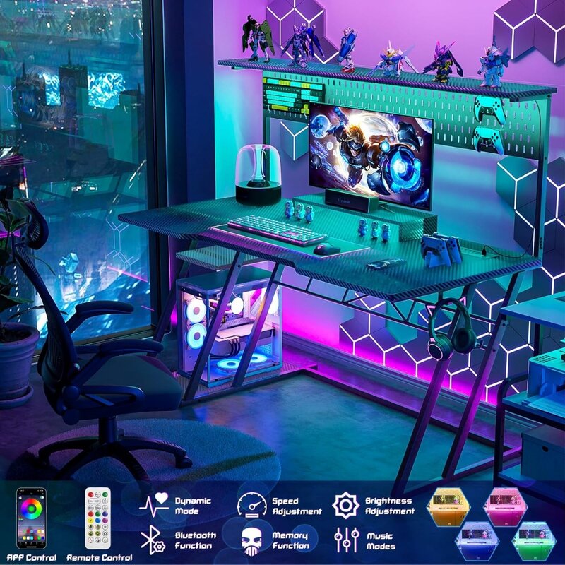 Bureau de jeu avec huche et lumières LED, bureau d'ordinateur de jeu, étagères de rangement, pieds en forme de Z, PC réversible, 55 en effet, noir