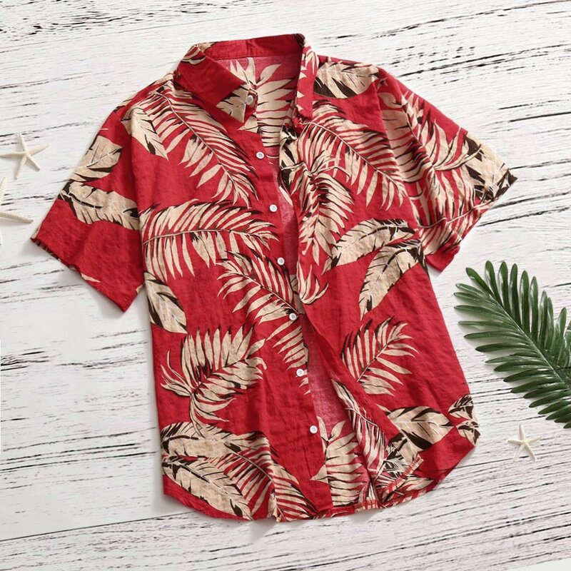 남성용 하와이안 붉은 잎 열대 꽃 셔츠, Dazn 탑, 캐주얼 반팔 단추, 느슨한 휴가 해변, 2024 년 여름 신상