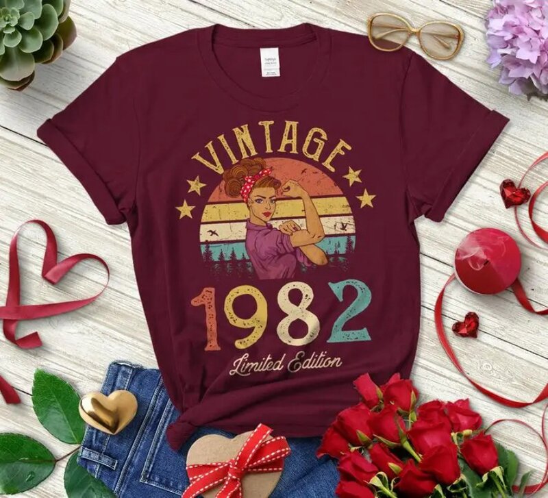 Kaus katun wanita Vintage 1982 edisi terbatas Retro kaus wanita lucu 40th ulang tahun wanita leher O lengan pendek atasan kualitas tinggi