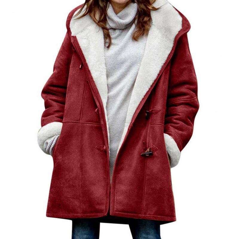 Women Coat Hooded Women Jacket Fleece Lined Hooded Horn Buttons Medium Length Overcoat Winter Windproof Outerwear Streetwear