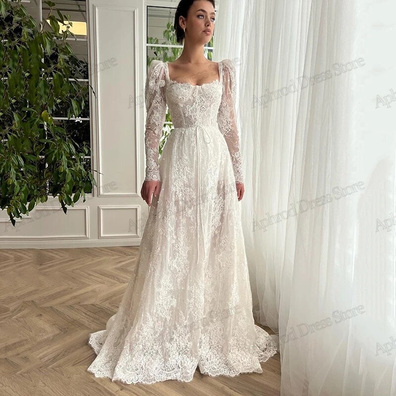 Exquisite Wedding Dresses A-Line Bridal Gowns Lace Appliques Full Sleeves Square Collar Robes Glamorous Vestidos De Novia 2024