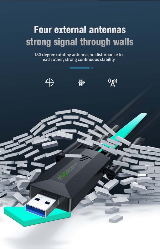 USB-адаптер с 4 антеннами, 1200 Мбит/с, 2,4/5 ГГц