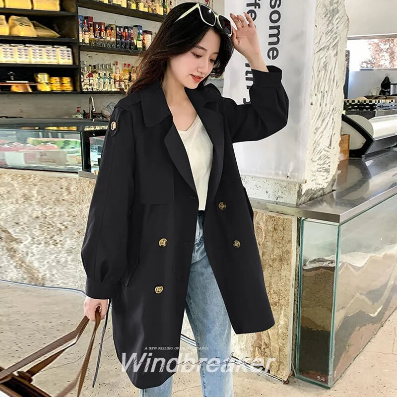 Windbreaker Women's Coat Medium Length 2024 New Double Breasted Loose Pocket Spring And Autumn Lady Belt Waist Style Women's Top